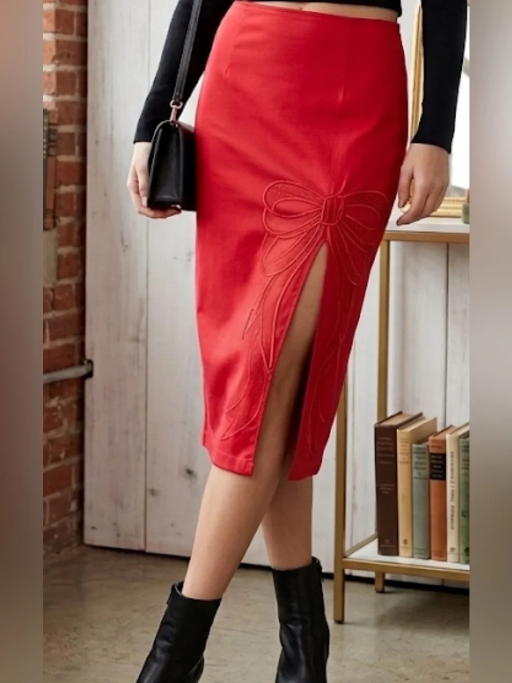 Anthropologie Maeve Red Bow Midi Pencil Skirt Embroidered Side Slit Size XS